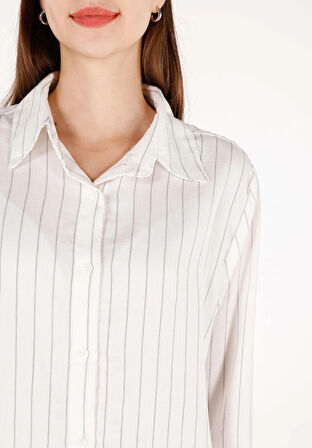 Regular Fit Shirt Neck Çizgili Kadın Beyaz Uzun Kol Gömlek