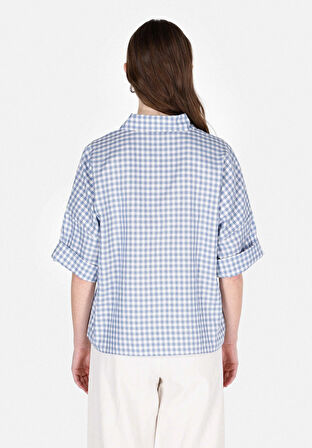 Regular Fit Shirt Neck Kareli Kadın Mavi Roll-up Gömlek