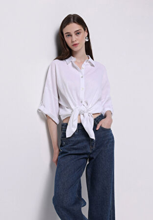 Relaxed Fit Shirt Neck Düz Kadın Beyaz Roll-up Gömlek