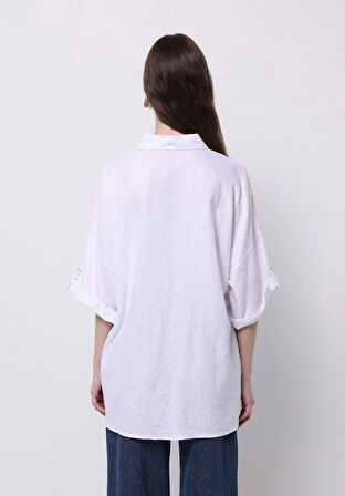Relaxed Fit Shirt Neck Düz Kadın Beyaz Roll-up Gömlek