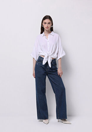Relaxed Fit Shirt Neck Düz Kadın Beyaz Roll-up Gömlek