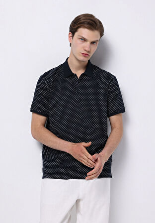 Regular Fit Polo Yaka Baskılı Erkek Lacivert Kısa Kol Tişört