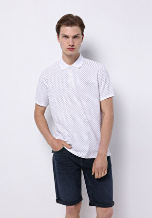 Regular Fit Polo Yaka Baskılı Erkek Beyaz Kısa Kol Tişört