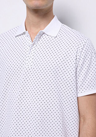 Regular Fit Polo Yaka Baskılı Erkek Beyaz Kısa Kol Tişört