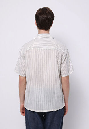 Boxy Fit Shirt Neck Çizgili Erkek Mavi Kısa Kol Gömlek