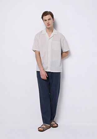 Boxy Fit Shirt Neck Çizgili Erkek Mavi Kısa Kol Gömlek