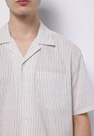 Boxy Fit Shirt Neck Çizgili Erkek Mavi Kısa Kol Gömlek