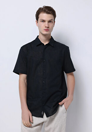 Regular Fit Shirt Neck Düz Erkek Keten Karışımlı Siyah Kısa Kol Gömlek