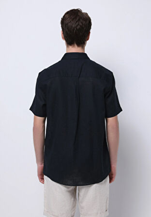 Regular Fit Shirt Neck Düz Erkek Keten Karışımlı Siyah Kısa Kol Gömlek