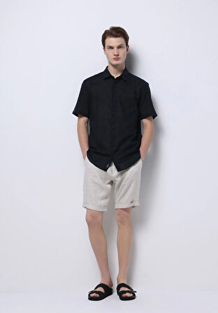 Regular Fit Shirt Neck Düz Erkek Keten Karışımlı Siyah Kısa Kol Gömlek