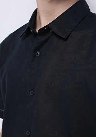 Regular Fit Shirt Neck Düz Erkek Keten Karışımlı Siyah Kısa Kol Gömlek