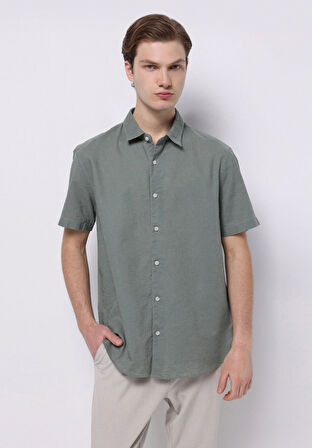 Regular Fit Shirt Neck Düz Erkek Keten Karışımlı Yeşil Kısa Kol Gömlek