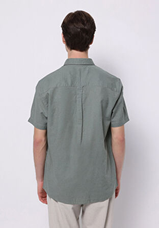 Regular Fit Shirt Neck Düz Erkek Keten Karışımlı Yeşil Kısa Kol Gömlek