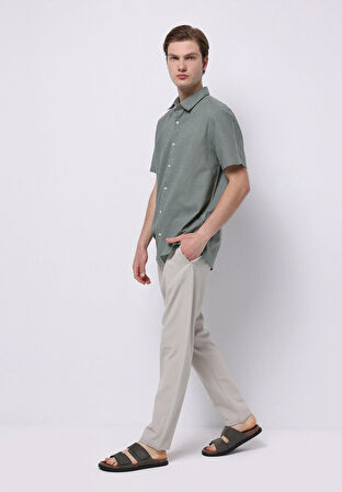 Regular Fit Shirt Neck Düz Erkek Keten Karışımlı Yeşil Kısa Kol Gömlek