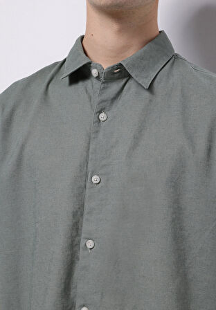 Regular Fit Shirt Neck Düz Erkek Keten Karışımlı Yeşil Kısa Kol Gömlek