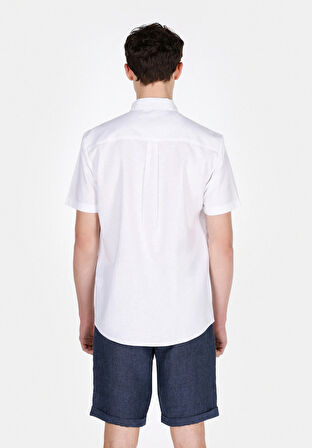 Regular Fit Shirt Neck Düz Erkek Keten Karışımlı Beyaz Kısa Kol Gömlek
