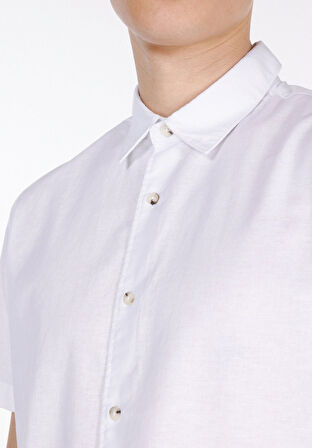 Regular Fit Shirt Neck Düz Erkek Keten Karışımlı Beyaz Kısa Kol Gömlek