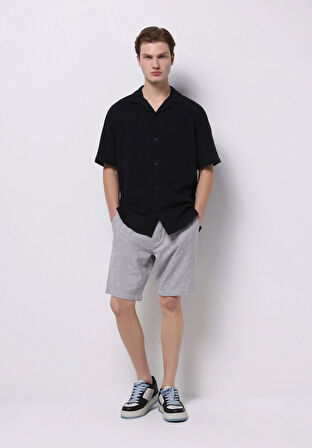 Regular Fit Orta Bel Düz Erkek Keten Karışımlı Gri Şort