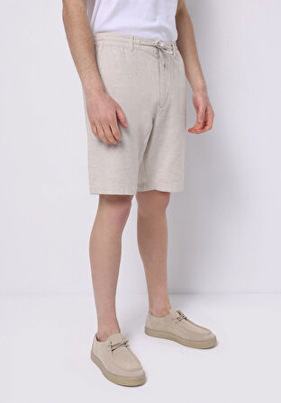 Regular Fit Orta Bel Düz Erkek Keten Karışımlı Bej Şort