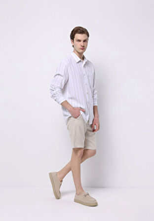 Regular Fit Orta Bel Düz Erkek Keten Karışımlı Bej Şort