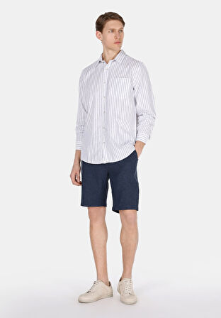 Regular Fit Orta Bel Düz Erkek Keten Karışımlı Lacivert Şort