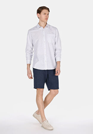 Regular Fit Orta Bel Düz Erkek Keten Karışımlı Lacivert Şort