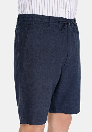 Regular Fit Orta Bel Düz Erkek Keten Karışımlı Lacivert Şort