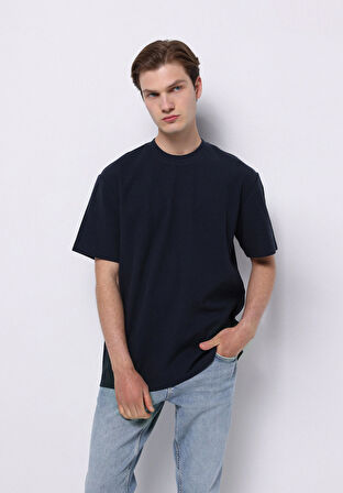 Comfort Fit Yuvarlak Yaka Düz Erkek Lacivert Kısa Kol Tişört