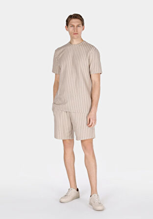 Regular Fit Orta Bel Çizgili Erkek Bej Şort