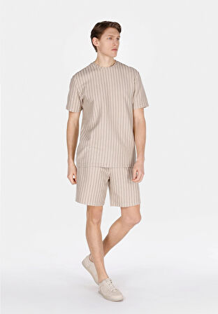 Regular Fit Orta Bel Çizgili Erkek Bej Şort