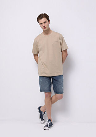 Comfort Fit Yuvarlak Yaka Düz Erkek Bej Kısa Kol Tişört