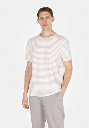 Regular Fit Yuvarlak Yaka Çizgili Erkek Bej Kısa Kol Tişört