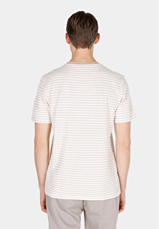 Regular Fit Yuvarlak Yaka Çizgili Erkek Bej Kısa Kol Tişört