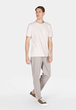 Regular Fit Yuvarlak Yaka Çizgili Erkek Bej Kısa Kol Tişört