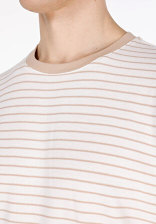 Regular Fit Yuvarlak Yaka Çizgili Erkek Bej Kısa Kol Tişört