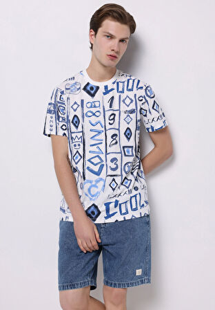 Regular Fit Yuvarlak Yaka Baskılı Erkek Mavi Kısa Kol Tişört