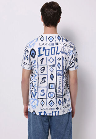 Regular Fit Yuvarlak Yaka Baskılı Erkek Mavi Kısa Kol Tişört