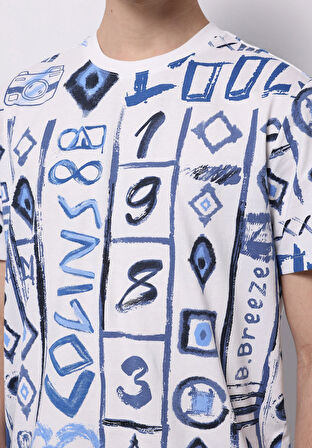 Regular Fit Yuvarlak Yaka Baskılı Erkek Mavi Kısa Kol Tişört