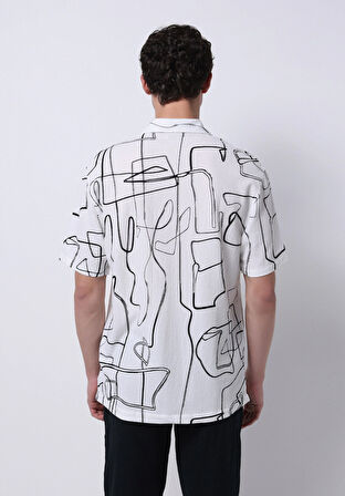 Regular Fit Shirt Neck Baskılı Erkek Siyah Kısa Kol Gömlek