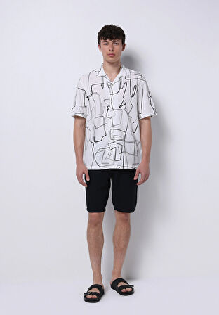 Regular Fit Shirt Neck Baskılı Erkek Siyah Kısa Kol Gömlek