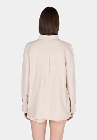 Regular Fit Shirt Neck Düz Kadın Bej Roll-up Gömlek