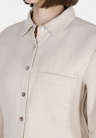 Regular Fit Shirt Neck Düz Kadın Bej Roll-up Gömlek