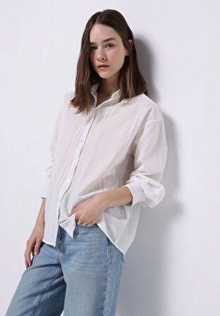 Regular Fit Shirt Neck Düz Kadın Beyaz Uzun Kol Gömlek