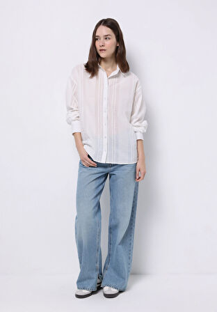 Regular Fit Shirt Neck Düz Kadın Beyaz Uzun Kol Gömlek