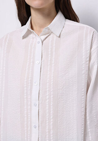 Regular Fit Shirt Neck Düz Kadın Beyaz Uzun Kol Gömlek