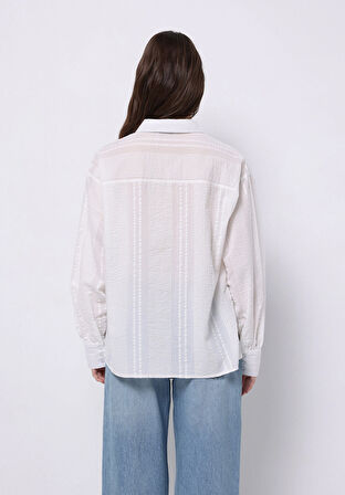Regular Fit Shirt Neck Düz Kadın Beyaz Uzun Kol Gömlek