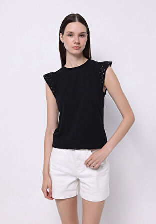 Regular Fit Yuvarlak Yaka Düz Kadın Siyah Kısa Kol Tişört