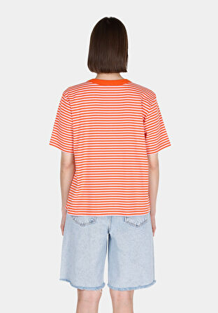 Regular Fit Yuvarlak Yaka Çizgili Kadın Kirmizi Kısa Kol Tişört