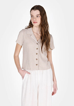 Slim Fit Polo Yaka Kareli Kadın Bej Kısa Kol Tişört
