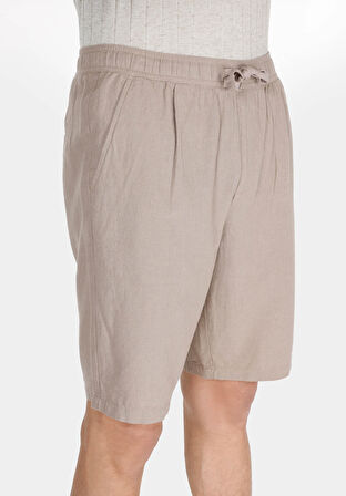 Regular Fit Orta Bel Düz Erkek Keten Karışımlı Bej Şort
